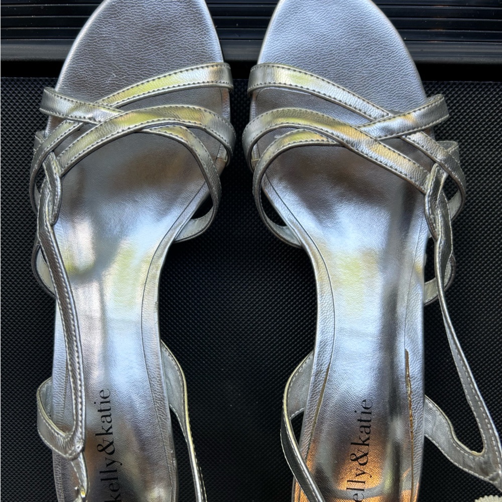 Kelly & Katie silver dress sandal, size 9.5. 3-inch heel. Like new.